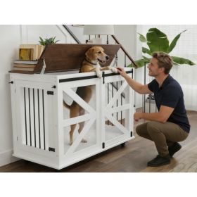 47.2 Mobile Dog Crate With Flip-Top Feeding Door, Dual-Access & 5 Caster System 2 Locking, Side Hooks - Multi-Functional Pet Kennel,double Dog Cr (Option: Brown white)